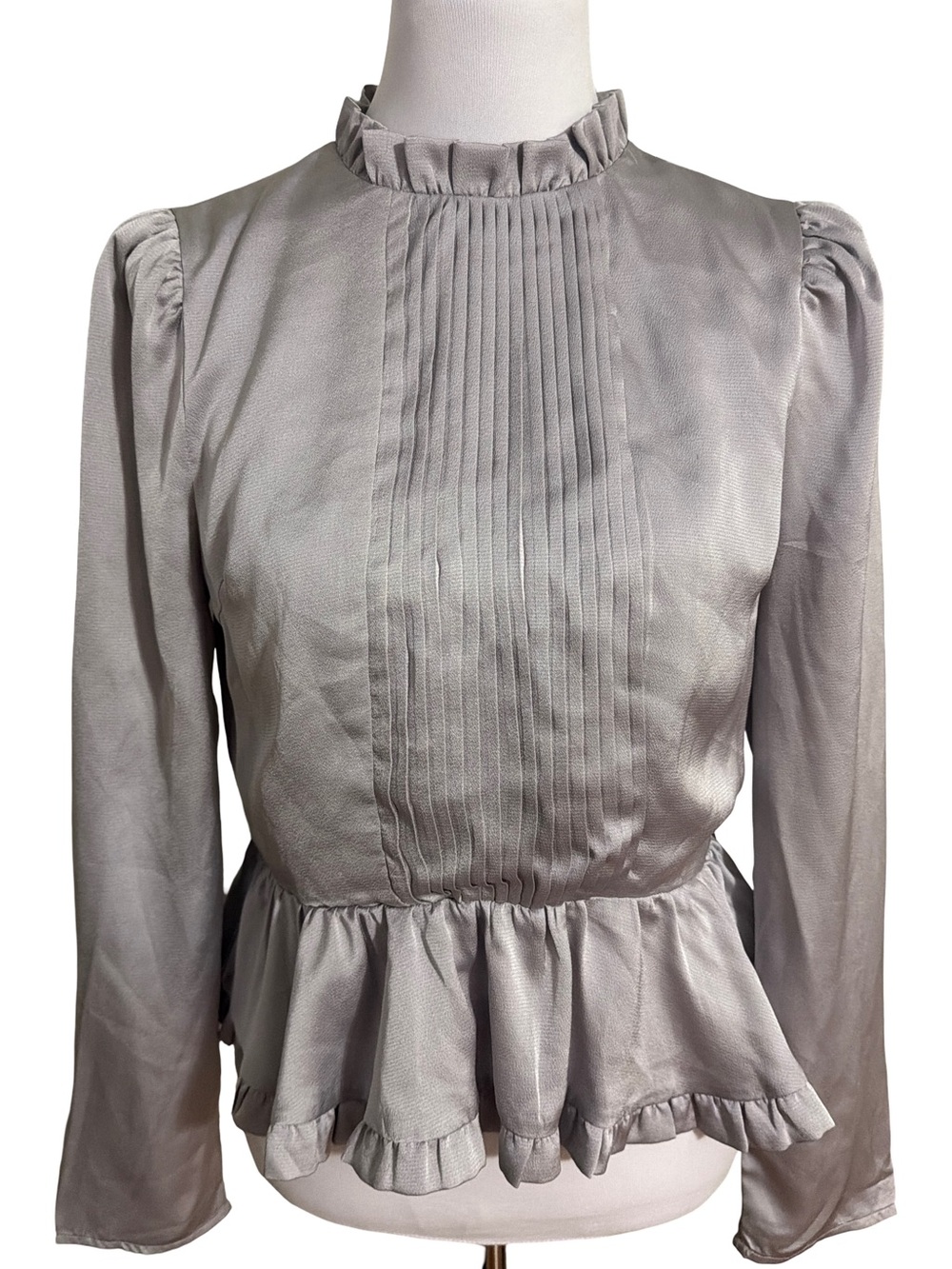 fab'rik Silver Ruffle Neck Pintuck Peplum Blouse